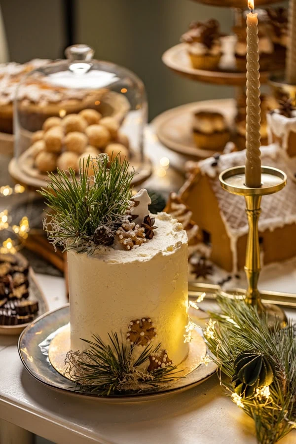 Festliches Weihnachtsbuffet mit einem dekorierten Kuchen, Gebäck und einem Lebkuchenhaus im Hintergrund.