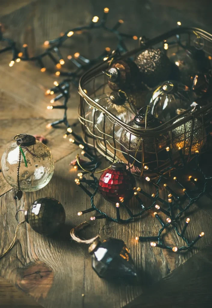 Weihnachtlich dekoriertes Körbchen mit Lichterketten und Weihnachtskugeln, umgeben von festlicher Beleuchtung.